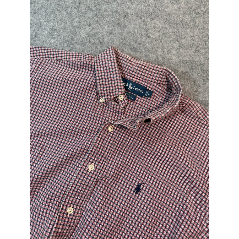 Ralph Lauren Blake Mens Large Plaid Button Down Shirt Red Navy Blue Cotton L/S